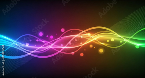 Colorful Light Waves Flowing Across Dark Background.