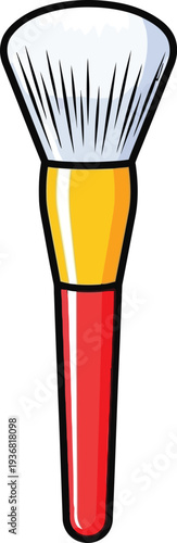 A large cosmetic powder brush featuring white bristles, a yellow band, and a thick red handle stands vertically isolated on a white background.