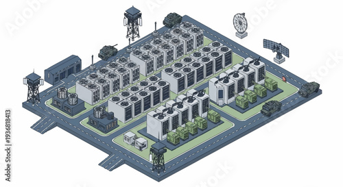 Isometric illustration of a modern housing complex with green spaces and infrastructure.