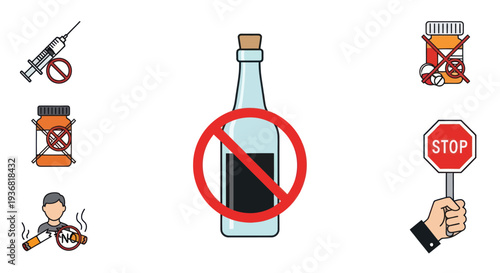 No Drugs, Alcohol, Smoking Icons: Addiction Stop Signs Collection