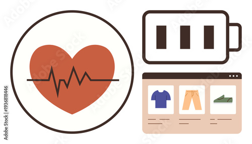 Health awareness, energy levels, online shopping, digital lifestyle, e-commerce efficiency, user engagement. Heartbeat symbol, battery icon shopping website interface. Health awareness and energy