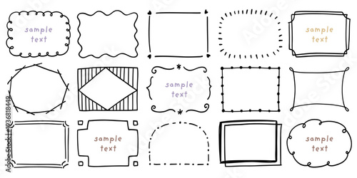 Hand drawn border frames, Doodle sketch picture frame, Round and square, Vector decoration elements/ミリペンで描いたかわいい手描きのフレーム、飾り枠のセット