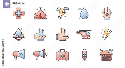 Medical Aid and Emergency Icons Set: First Aid, Helicopter, Tent, Lightning, Water Drop