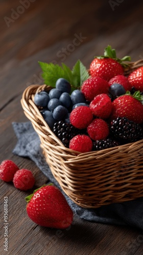 Wallpaper Mural Fresh Berries Spilling from a Basket on a Wooden Surface in Vertical View Torontodigital.ca