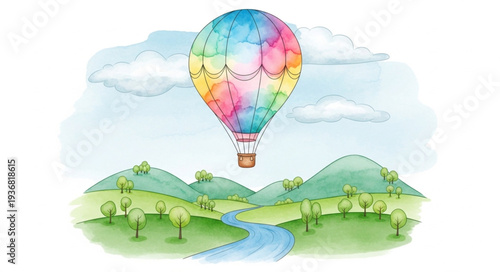 Colorful Hot Air Balloon Floating Over Scenic Landscape.