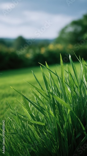 Wallpaper Mural Fresh Green Grass Blades Coated with Dew Under a Dramatic Cloudy Sky Torontodigital.ca