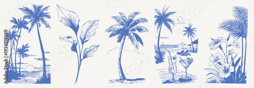 Palm sunset shore leaves cocktails flowers set. Hand drawn crayon vintage sketch drawing line style. Tropical plants, beach drinks and calm seaside landscapes for summer travel design.