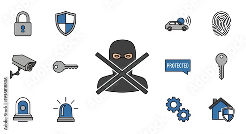 Security Icons: Burglar, Lock, CCTV, Fingerprint, Alarm, House Protection