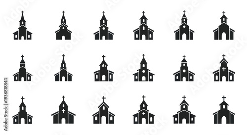 Collection of Diverse Church Building Icons, Religious Architecture Symbols