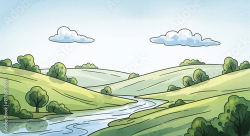 Scenic Landscape with Rolling Hills and River.