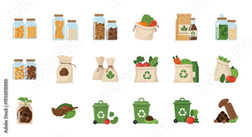 Eco-friendly zero waste pantry and kitchen items, recycling symbols