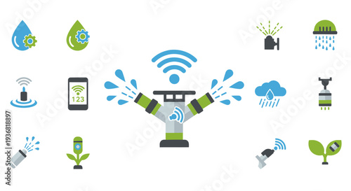 Smart Irrigation System Icons: Water, Rain, Sprinkler, Mobile Control, Technology