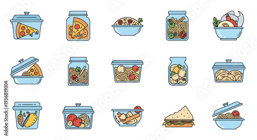 Meal Prep Containers: Jars, Boxes, and Bowls with Healthy Food - Vector Flat Icons