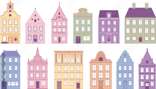 Colorful European building facades set, old town street architecture vector illustration