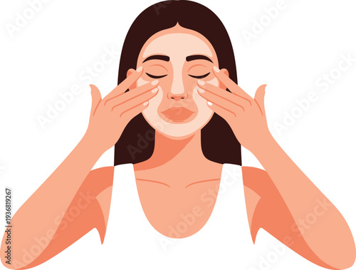 Woman gently applies a creamy facial mask to her skin using her fingertips for a relaxing skincare treatment.