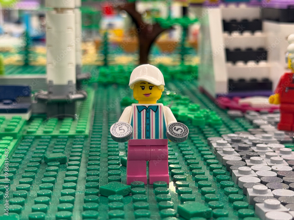 Obraz premium Lego minifigure holding coins in toy city park