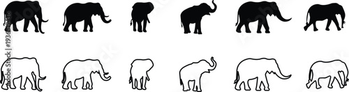 Elephant Animal Black Flat Line Style Vector Icon Set, Wildlife Mammal Symbol Collection and Nature Safari Outline Graphic Group Featuring Elephant, Pachyderm and Jumbo