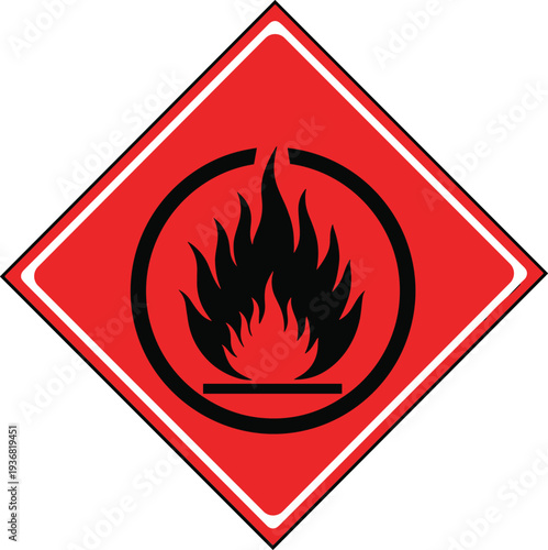 Red diamond shaped flammable hazard warning sign featuring a black fire flame icon inside a circle used for identifying combustible materials and industrial safety.