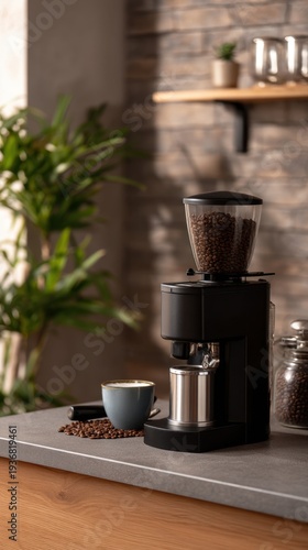 Wallpaper Mural Close-Up of Coffee Grinder with Portafilter and Coffee Cup on Wooden Counter Torontodigital.ca