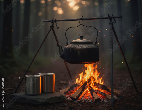 Metal kettle hanging over night campfire with mugs at campsite