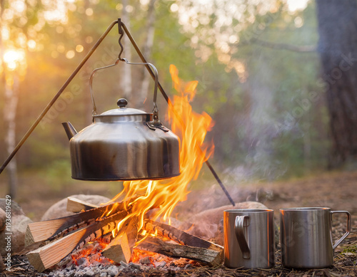 lack kettle over camping campfire with sparks and metal mugs at sunrise
