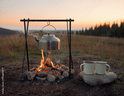 Metal kettle over campfire at campsite with mugs at sunrise