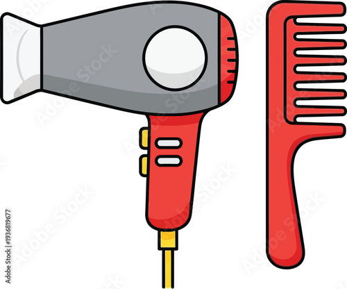 A red handheld electric hairdryer and a matching red plastic comb are displayed side by side against a white background.