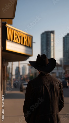 Wallpaper Mural Cowboy Silhouette Against Neon Bar Sign at Sunset in Urban Setting Torontodigital.ca