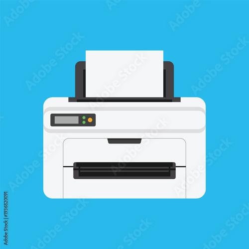 Office printer flat vector illustration isolated on a blue backdrop