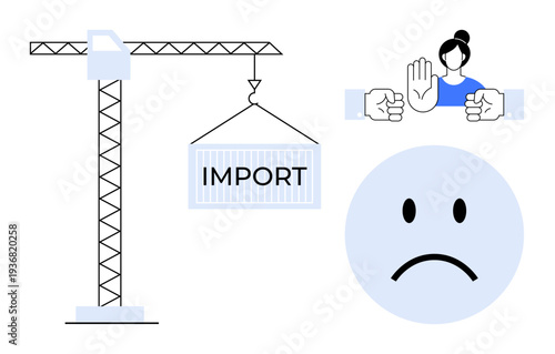 Trade restrictions. Trade restrictions with a crane carrying import cargo, a no-symbol gesture, and a displeased face. Trade barriers, global economy, customs processes. Ideal for trade, economics