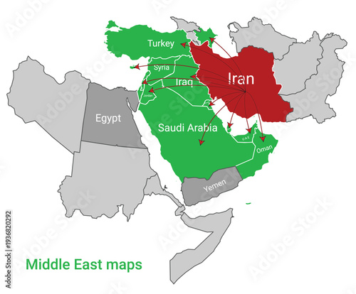 Middle East maps Geopolitical map of the Middle East highlighting Iran and its regional influence with arrows pointing to neighboring countries.