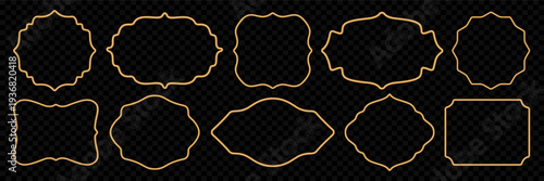 Ornamental golden 3d frames collection on black background. Vintage realistic rectangle beveled photo frame, vignette, oriental border. Vector for certificate, award, stamp, label, badge