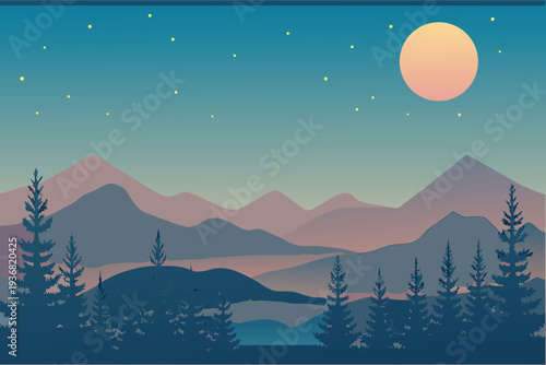 Vector Landscape at Dusk with Moon and Stars Over Mountains and Forest