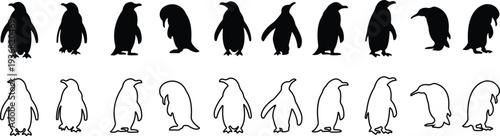 Penguin Flat Line Style Vector Black Icon Set, Antarctic Bird Silhouette Symbol Collection and Wildlife Outline Graphic Group Featuring Penguin, Seabird and Flightless Bird
