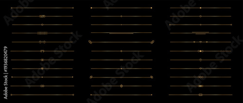 Golden thin separator, divider set on black background. Elegant gold linear borders luxury collection in art deco style. Vector illustration