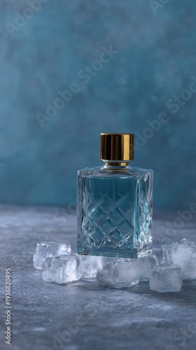 Wallpaper Mural Elegant Perfume Bottle on Ice Cubes with Frosted Mist Against Blue Background Torontodigital.ca