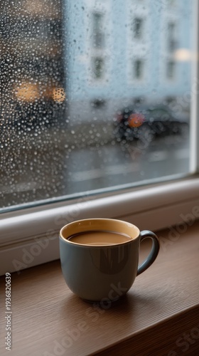 Wallpaper Mural Cozy Cup of Tea on a Window Ledge with Raindrops Creating a Serene Atmosphere Torontodigital.ca