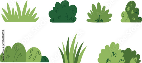Green bushes and grass tufts set, various garden plant shrub vector illustration