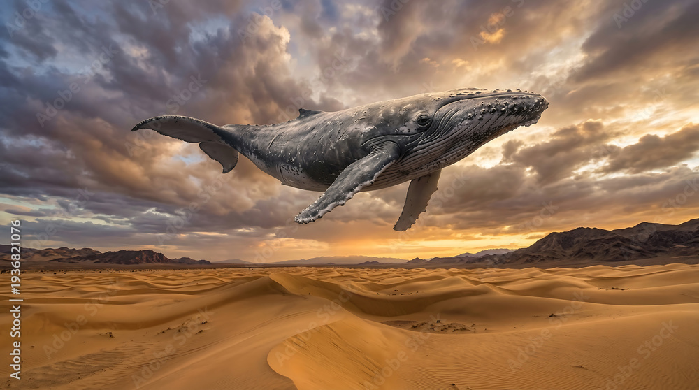Naklejka premium A massive humpback whale is suspended in the dramatic, stormy sky above a vast, undulating desert landscape at sunset.