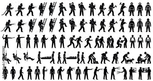 Emergency & Rescue Silhouette Set Pack. Editable Vector Illustration. featuring firefighter, police, rescuer, worker, emergency, public, service, hero, safety, security, profession, uniform, hat more.