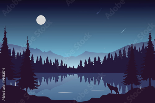 Wolf Howling at Moonlit Night Sky Over Forest Lake Reflection Stock Illustration
