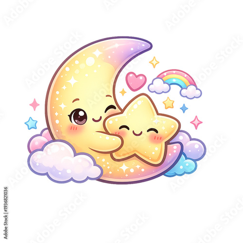 chibi crescent moon hugging star, cute moon hugging star illustration, kawaii crescent moon character, adorable moon and star mascot, pastel night sky doodle, chibi moon with smiling star, dreamy cele