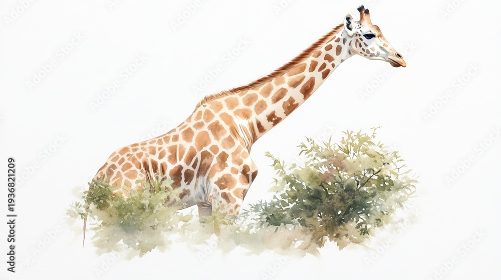 Obraz premium watercolor painting of giraffe walking peacefully through grassy field, its long neck reaching towards sky filled with soft, airy clouds i