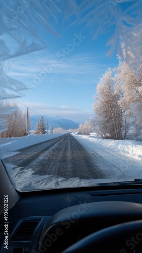 Wallpaper Mural Serene Winter Drive on Snowy Road with Frosty Windshield Patterns Torontodigital.ca
