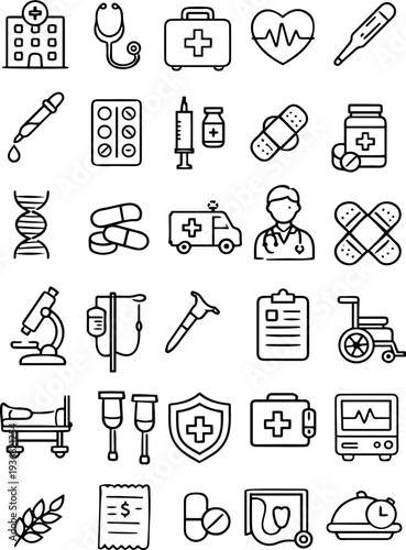 Medical and Healthcare Line Icons Set – Hospital, Doctor and Medicine Symbols. Editable stroke. Vector illustration