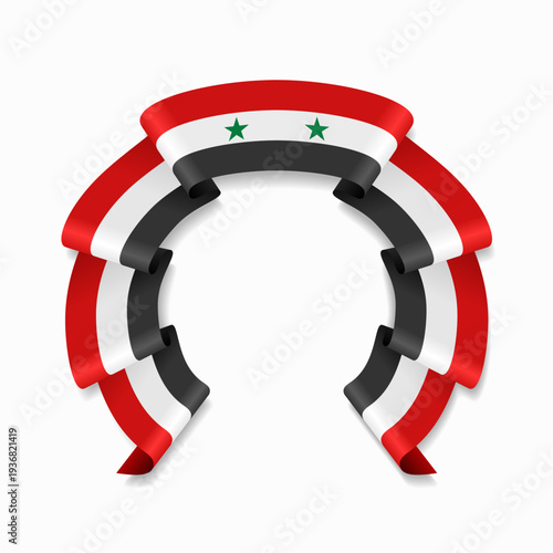 Syrian flag circular wavy ribbon, symbolizing national pride, ideal for patriotic badges, certificates, or cultural design themes. Vector illustration.
