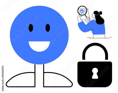 Cybersecurity concept. Cybersecurity symbols including a smiling face, a woman examining data, and a lock for data protection. Cybersecurity ensuring secure digital information. For IT, online