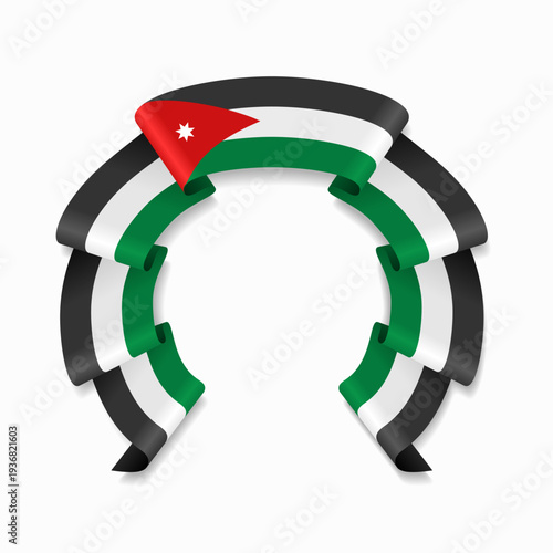 Jordanian flag circular wavy ribbon, symbolizing national pride, ideal for patriotic badges, certificates, or cultural design themes. Vector illustration.