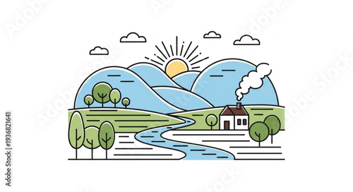 Scenic Landscape Illustration with Mountains and River.