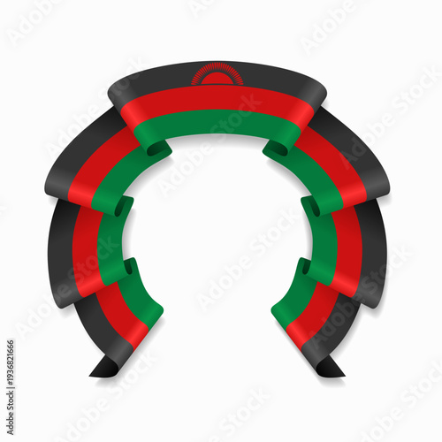 Malawian flag circular wavy ribbon, symbolizing national pride, ideal for patriotic badges, certificates, or cultural design themes. Vector illustration.